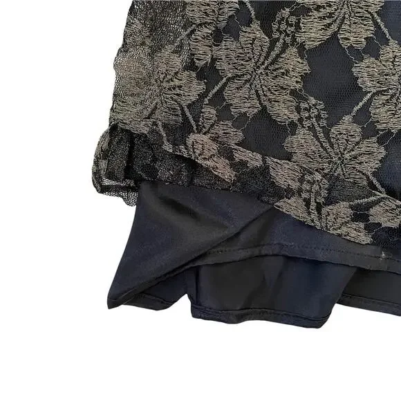 Vintage 1980s Column Dress Sheer Floral Overlay Black Slip Metallic Gold Black 6 - Picture 5 of 9